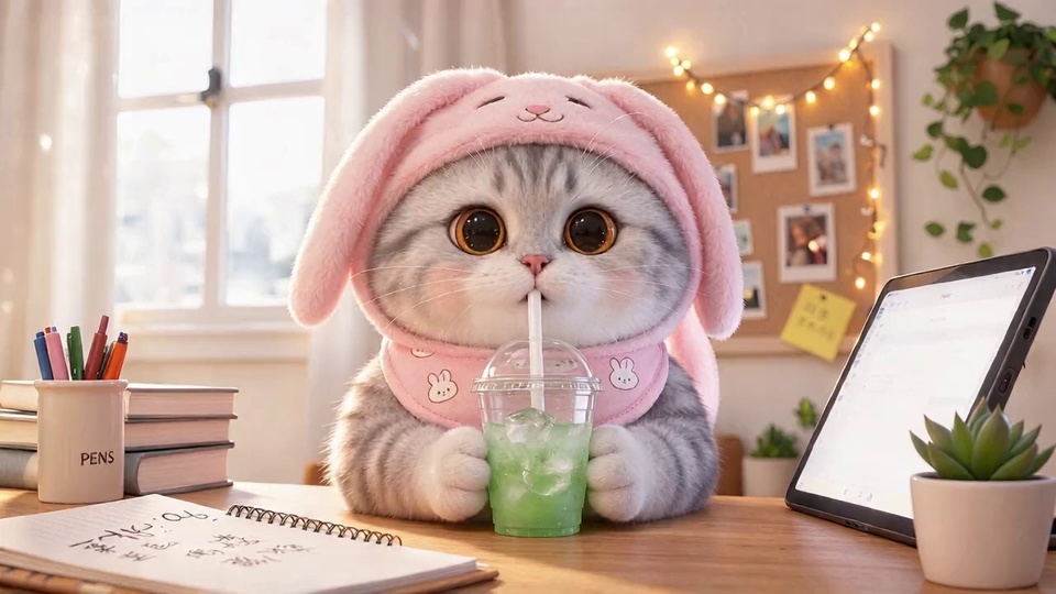 3D萌系卡通画面，银灰色虎斑小猫佩戴粉色毛绒兔耳头套坐在木质书桌前，手持带吸管的透明冰饮杯，桌面摆放文具、书籍与多肉盆栽，背景可见窗、软木板、串灯与垂吊绿植。
