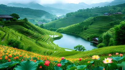 绿色护眼梯田山水