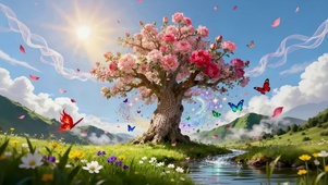 草原河流鲜花树