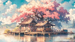 樱花树下的水上小屋