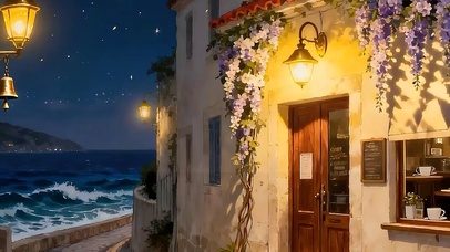 夜景海景房屋树木带鱼屏双屏