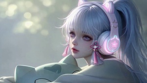 蓝发猫耳耳机二次元美少女