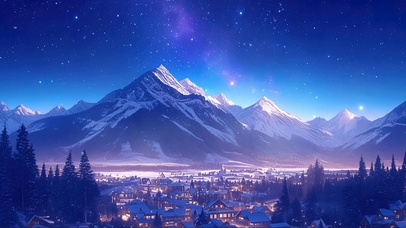 纯净冬日山谷小镇夜景