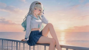 晚霞栏杆上女孩