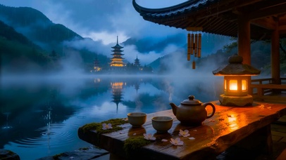 国风山水雨天湖面
