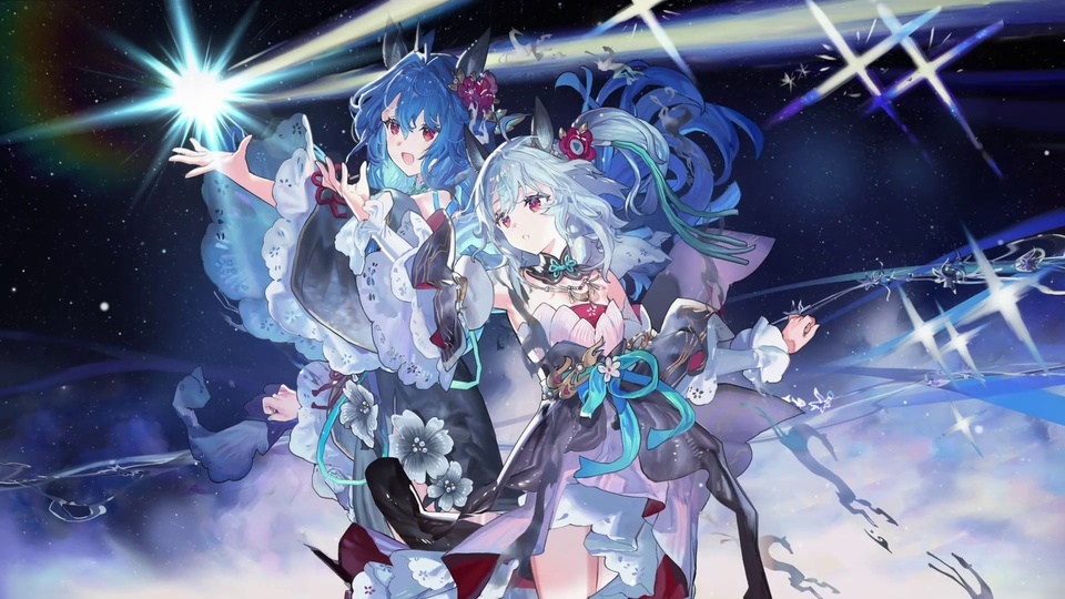 两名兽耳少女站在布满流星的梦幻星空下，衣袂随星光飘曳。