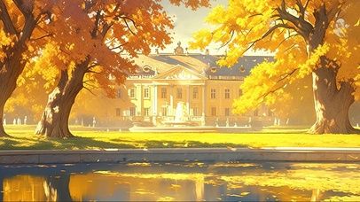 秋日宏伟庄园湖泊倒影