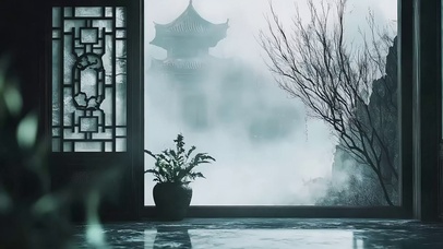 云雾缭绕传统庭院风景