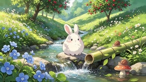 森林溪流消暑小兔