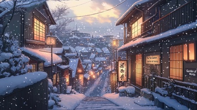 日系小镇的傍晚大雪