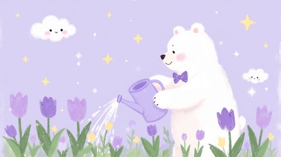 手绘紫色浇花的小熊呀