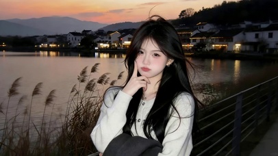 傍晚湖边女孩