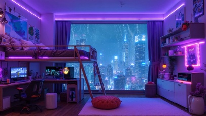 雨夜霓虹电脑房间