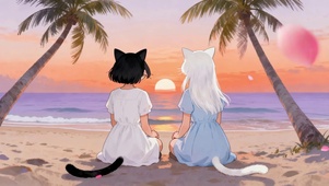 黑白猫耳女孩海边落日氛围感