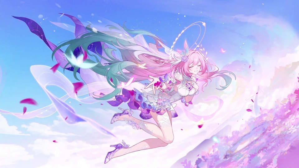 粉绿长发少女闭着眼睛漂浮在蓝紫渐变的天空花海中，衣袂随风飘动。
