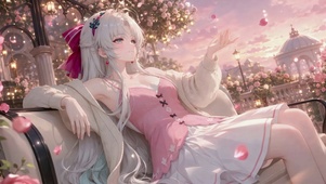 玫瑰庭院的粉裙银发美少女