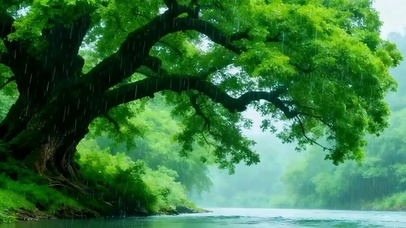 雨天护眼绿景河流带鱼屏