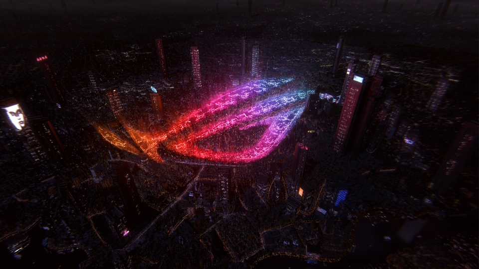 暗黑夜都市上空悬浮着霓虹渐变发光ROG造型，橙红过渡亮粉紫蓝的霓虹轮廓鲜亮醒目。