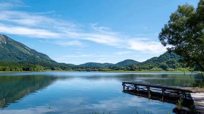 护眼绿景山川树木河流带鱼屏