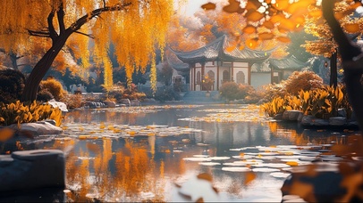 秋日古风园林庭院池塘