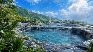 清新山间叠水湖泊美景