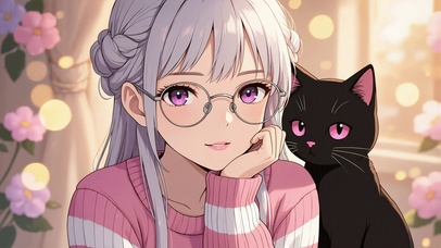 可爱女孩和黑猫