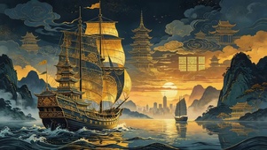 峡谷黄昏帆船