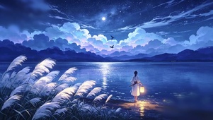 月夜芦苇荡少女