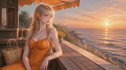 落日海边金发美女