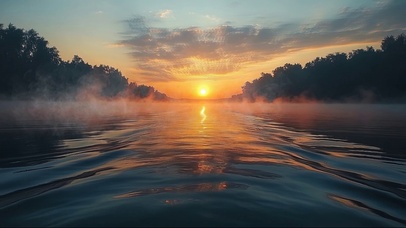 迷雾落日森林河岸