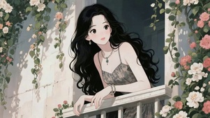 阳台边的少女和花花