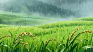 雨天稻田树木双屏