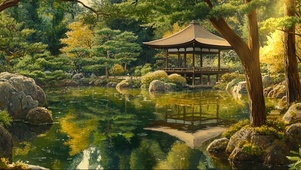 绿色静谧森林古亭池塘