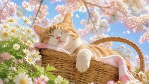 樱花下酣睡的软萌橘猫