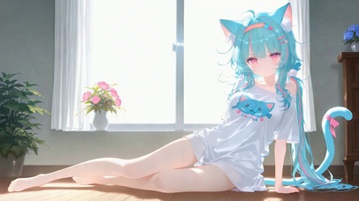 窗边慵懒猫耳蓝发美少女