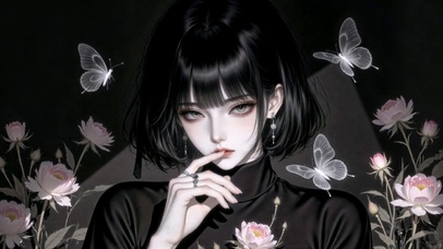 暗黑氛围感粉花短发美少女