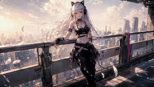 天台猫耳白发酷飒美少女