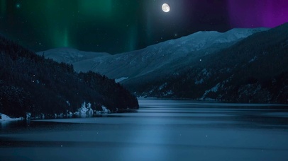 静谧月夜极光雪山湖