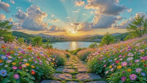 夕阳湖畔花海步道