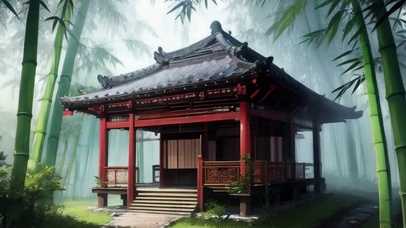 竹林细雨薄雾亭子