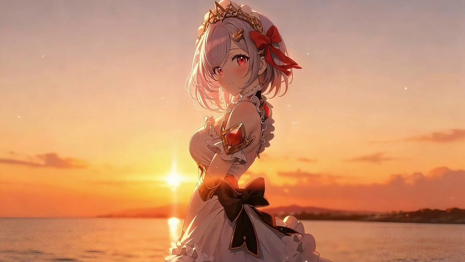 粉发红瞳少女站在黄昏海滨边回望