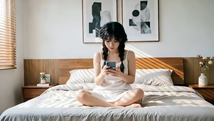 坐在床头玩手机的美女