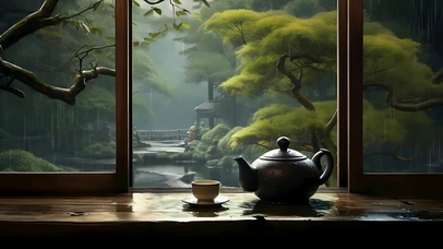 古风雨天绿景茶座