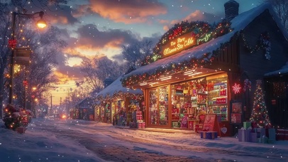 冬日傍晚飘雪圣诞商店