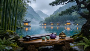 山水竹林湖畔