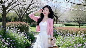 公园小道花丛中的比心美女