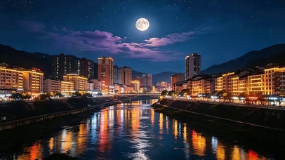 城市江畔月夜
