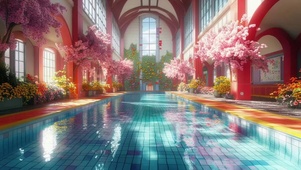 清透朦胧夏日校园泳池