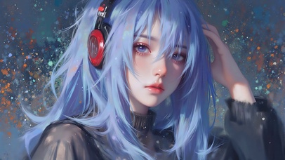 厚涂风蓝发耳机女孩
