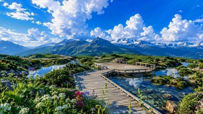 治愈蓝天下雪山湖畔风景